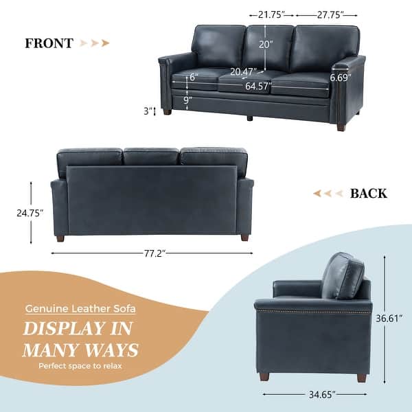 dimension image slide 4 of 6, Rita Transitional Living Room 3-Seat Genuine Leather Nailhead Sofa with Solid Wood Legs and Removable Cushions