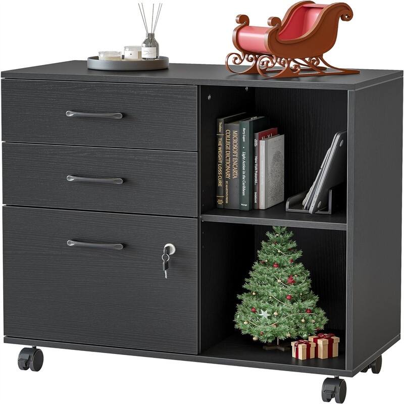 3-Drawer Mobile File Cabinet - 14.2"D x 31.5"W x 25.4"H - Black