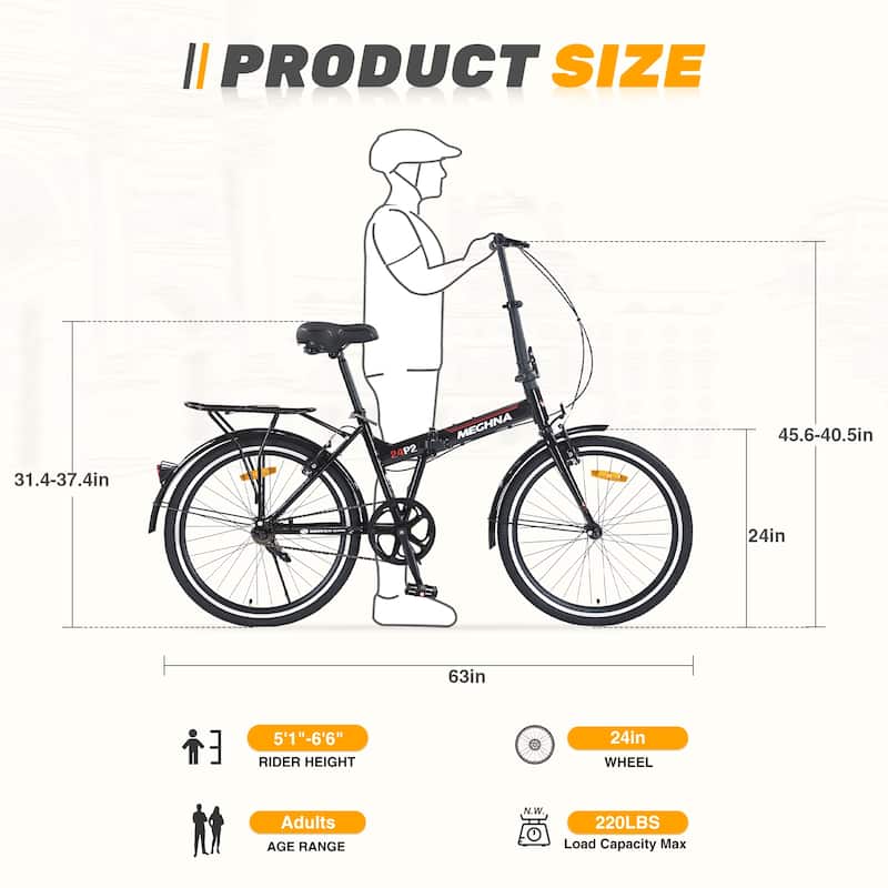 24 Inch Folding Bike for Adults with Fenders,Steel Frame Single Speed City Commuter,Dual V-Brake Portable Compact Bicycle