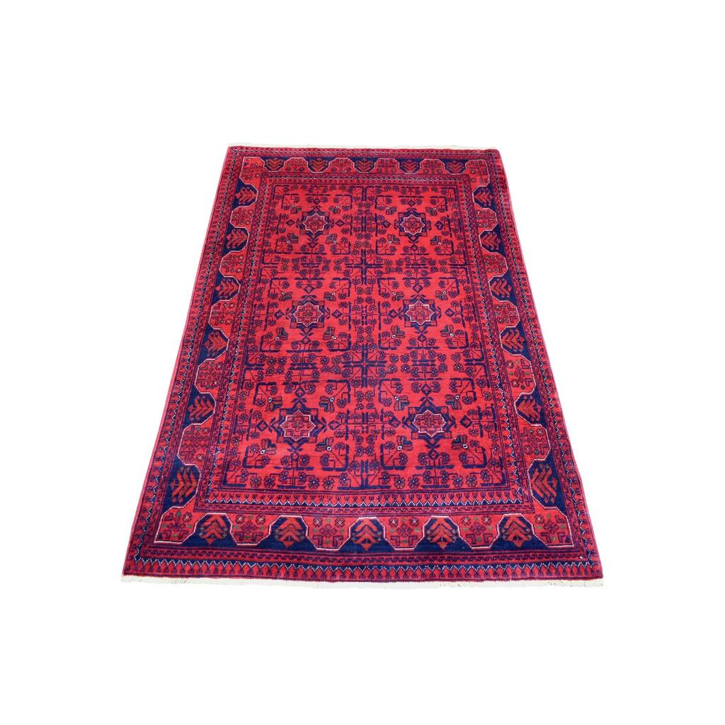 Shahbanu Rugs Deep Red Hand Knotted Afghan Khamyab with Geometric Design Soft and Shiny Wool Oriental Rug (3'7" x 5'4")