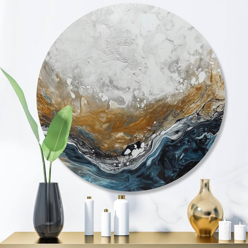 Designart "Grey Gold Modern Abstract Contemporary II" Abstract Marble Metal Round Wall Art - 16x16 - Disc of 16 Inch