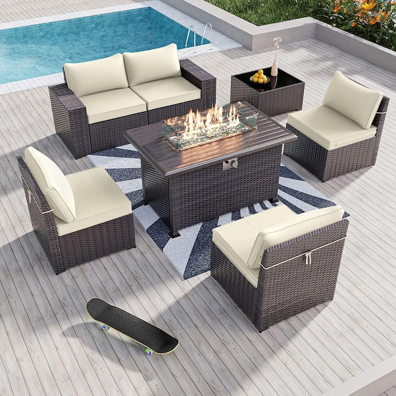 Outdoor Patio Furniture Set, All Weather PE Wicker Sectional Conversion Sofa set with Firepit(Optional)