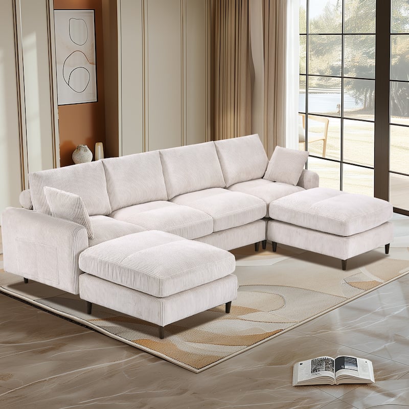 Anmytek 6-Seat Modular Corduroy Sectional Sofa Convertible U/L-Shaped with Pillow & Footstool - Beige