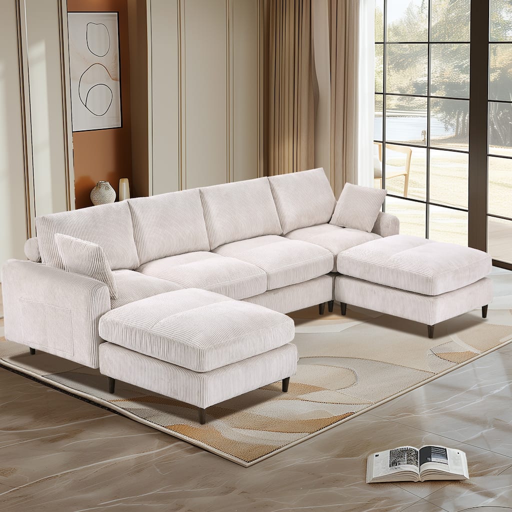 Anmytek 6-Seat Modular Corduroy Sectional Sofa Convertible U/L-Shaped with Pillow & Footstool