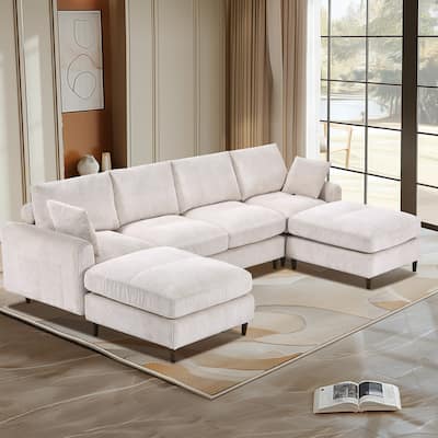 Beige Corduroy Modular Sectional Sofa, 6 - Seat, U - Shaped Convertible L - Shaped with Footstool