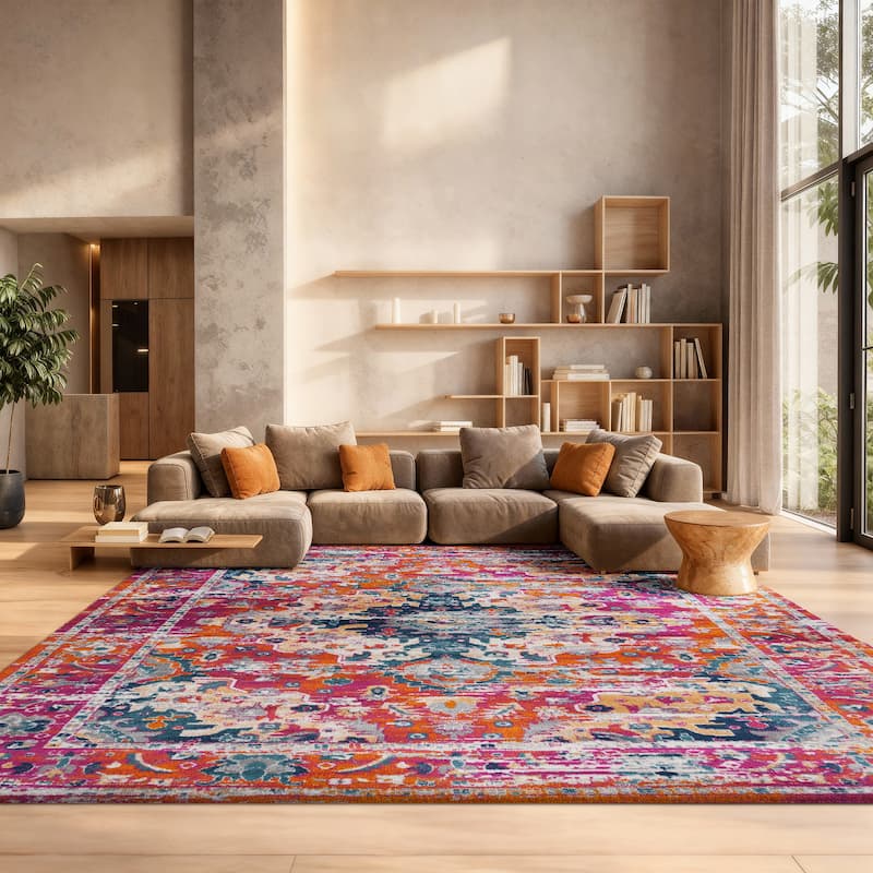 SAFAVIEH, Madison Jovita Vintage Boho Oriental Medallion Rug - 9' x 12' - Fuchsia/Gold