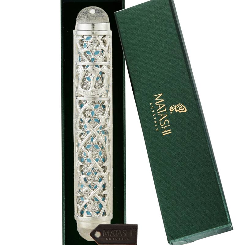 Matashi Hand Painted Enamel Mezuzah w Hebrew Shin & Crystals Home Decor for Jewish Holiday House Blessing Gift for Holiday