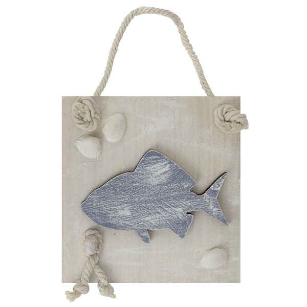 6” Blue and White Cape Cod Inspired Fish Wall Hanging Plaque with Seashells - N/A