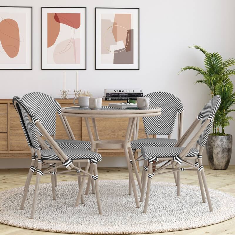 Bistro Table & 2-Chair Set with Metal Frames - Black & White Textilene/Light Natural Frame