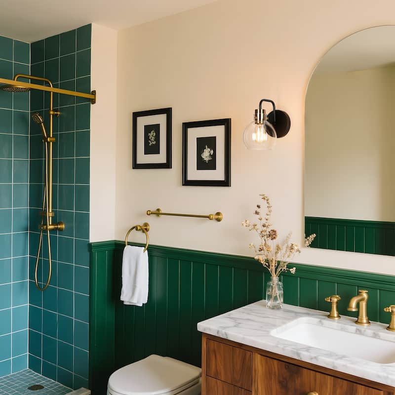 Modern 1-Light Black Gold Wall Sconces Globe Glass Bathroom Vanity Lights - 5.5" L x 8" W x 8.5" H