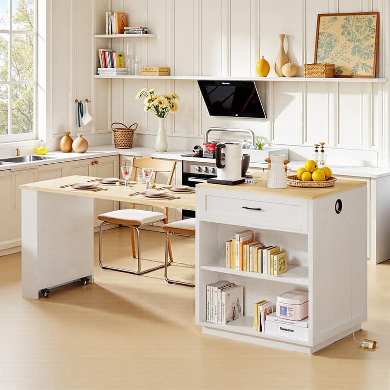 Betsy Kitchen Island with Extendable Dining Table for 4-6 Person - White