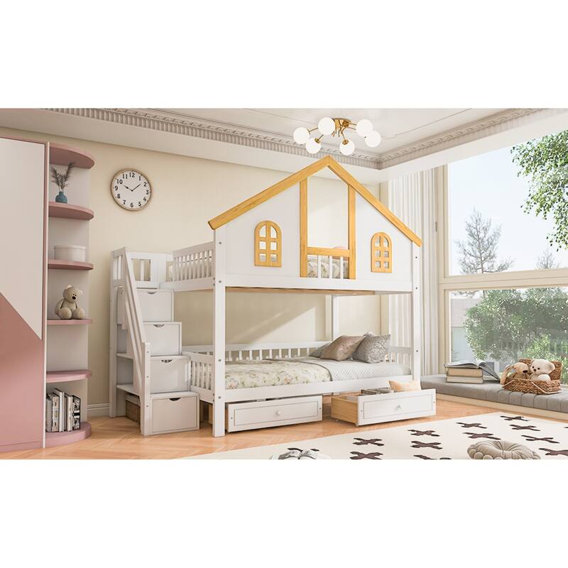 Roomfitters Twin Over Twin/Full Over Full House Bunk Bed with Window, Roof and Storage Staircase, White and Natural