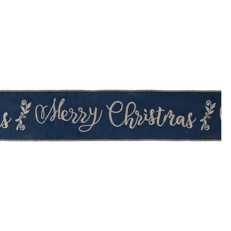 Wired Christmas Ribbon Navy Gold Script 4 Inch x 5 Yards Roll - 180” x 4” x 0.25" - Blue-Gold