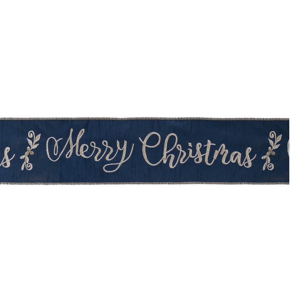 Wired Christmas Ribbon Navy Gold Script 4 Inch x 5 Yards Roll - 180” x 4” x 0.25"