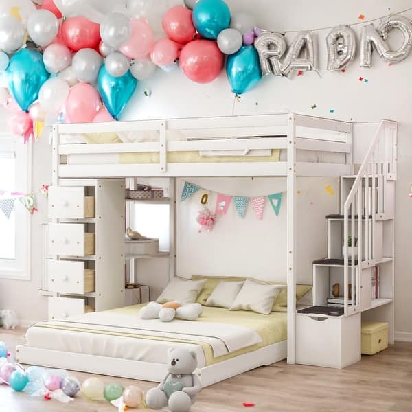 slide 2 of 16, Twin Over Full Bunk Bed With 3-layer Shelves,Drawers And Storage Stairs White