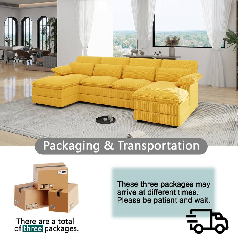 111.8" U-Shaped Cloud Sectional, 4-Seater Corduroy Upholstered Sectional with Recliner and Cushions