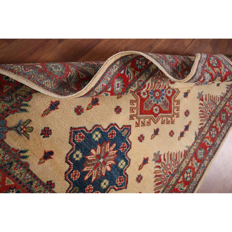 Kazak Accent Rug Handmade Geometric Beige Wool Carpet - 3'5" x 5'0"