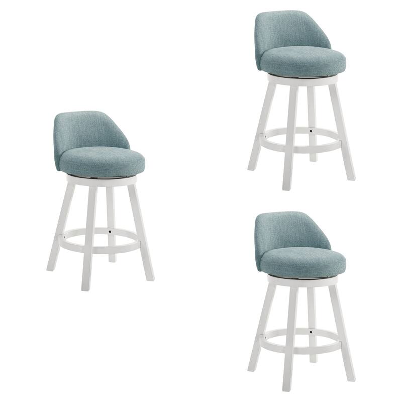 Erika Upholstered Swivel Bar Stool, Counter Height Barstool with Fabric Seat - Set of 3 - Light Blue/White - Counter Height