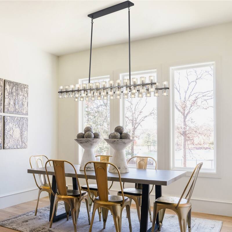 57.09-inch 56-light modern and stylish linear metal chandelier with crystal lampshades