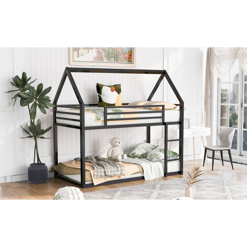 Twin Size Metal House Bunk Bed with Built-in Ladder, Black - Space-Saving Kids Bedroom Furniture