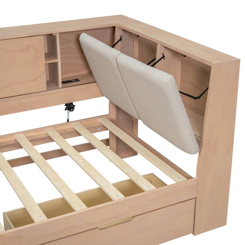 L-Shaped Daybed with Bookcase & USB Charging Port, Wood Floor Corner Bed Frame with Storage Drawers & Upholstered Headboard