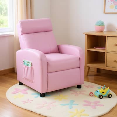 Pink Adjustable Reclining PU Leather Cushion Seat Chair for Kids with Footrest and Storage Pocket
