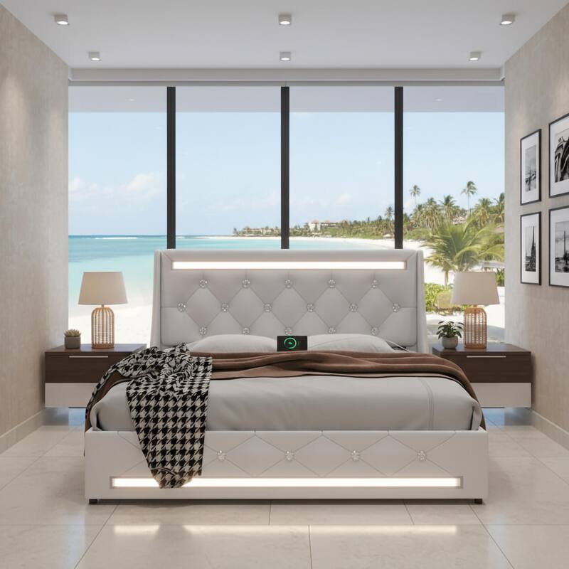 Full Bed Frame with LED Lights, Upholstered Bed Frame with Charging Station, Platform Bed with Diamond Headboard, Wooden Slats - White