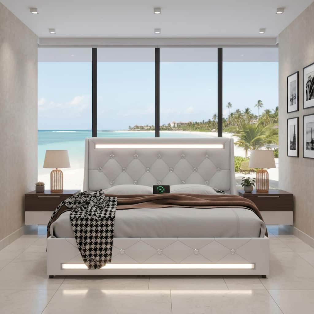 Full Bed Frame with LED Lights, Upholstered Bed Frame with Charging Station, Platform Bed with Diamond Headboard, Wooden Slats