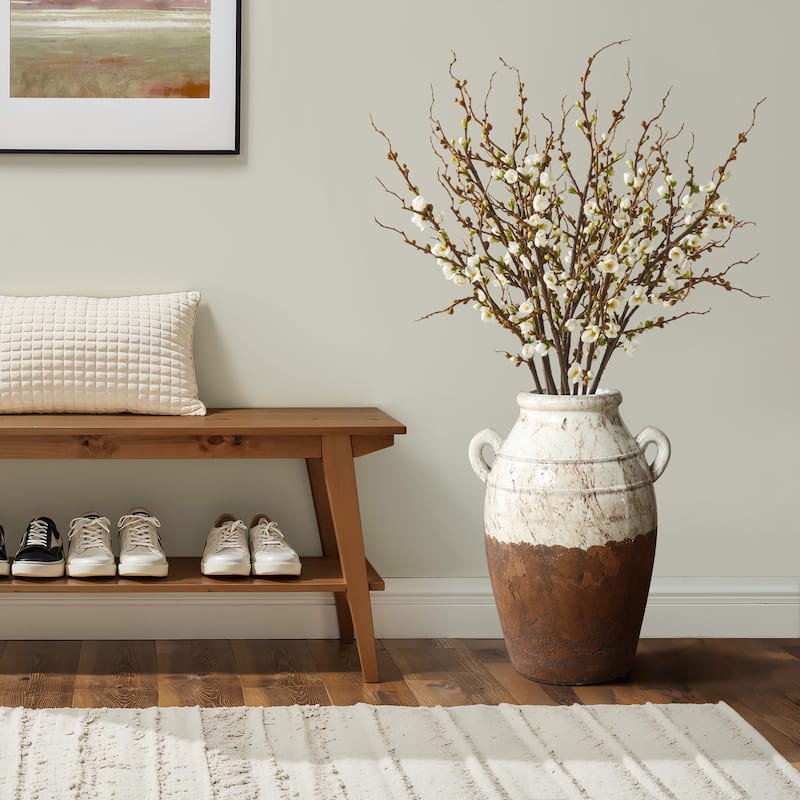 Rustic Cream and Brown Terracotta Urn with Handles 18.5-Inch Tall Vase