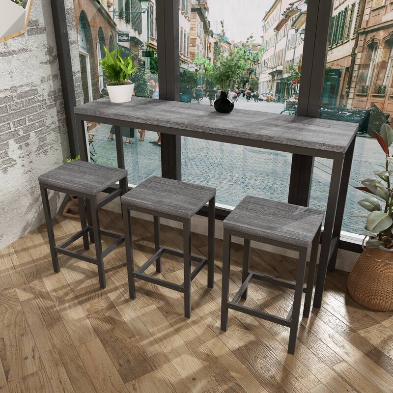 Long Dining Table Set with 3 Stools Pub Kitchen Set Side Table with Footrest