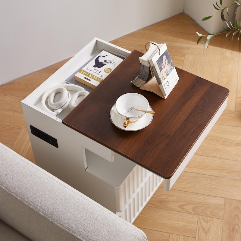 Modern Bedside Table with Gun Drawer,Bedside Table with Charging Station, 2 Drawers and Open Shelf,Side Table for Bedroom