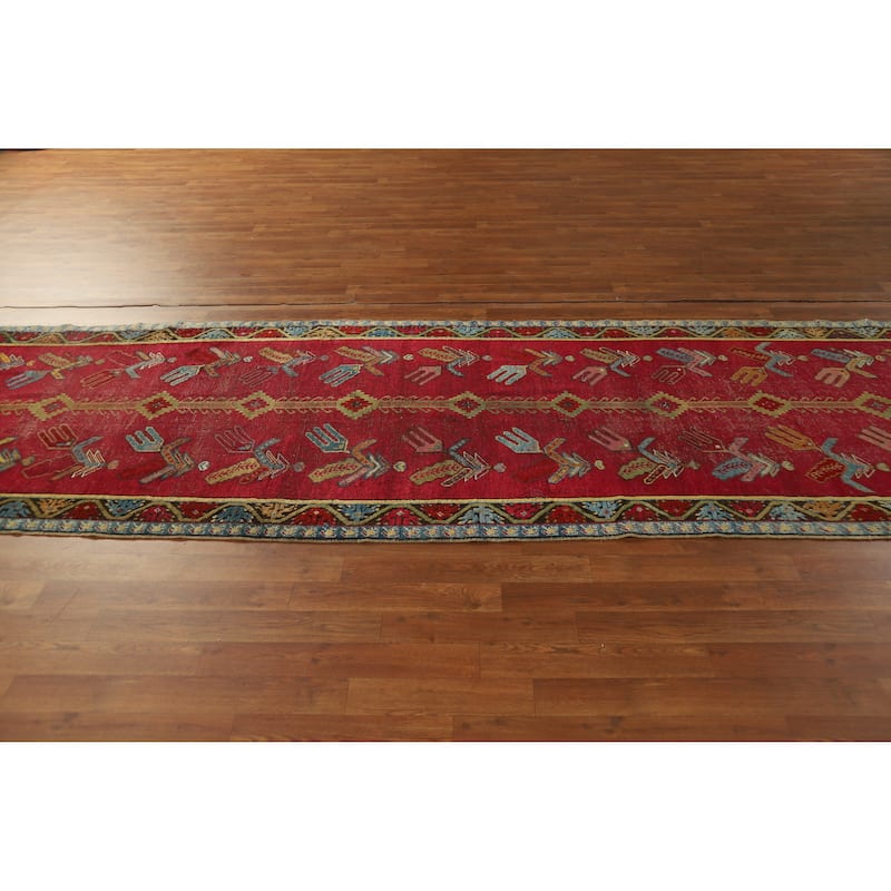 Hand Knotted Oriental 100% Wool Carpet Traditional Geometric Red Karabagh Runner Rug - 12' 0'' X 3' 7''