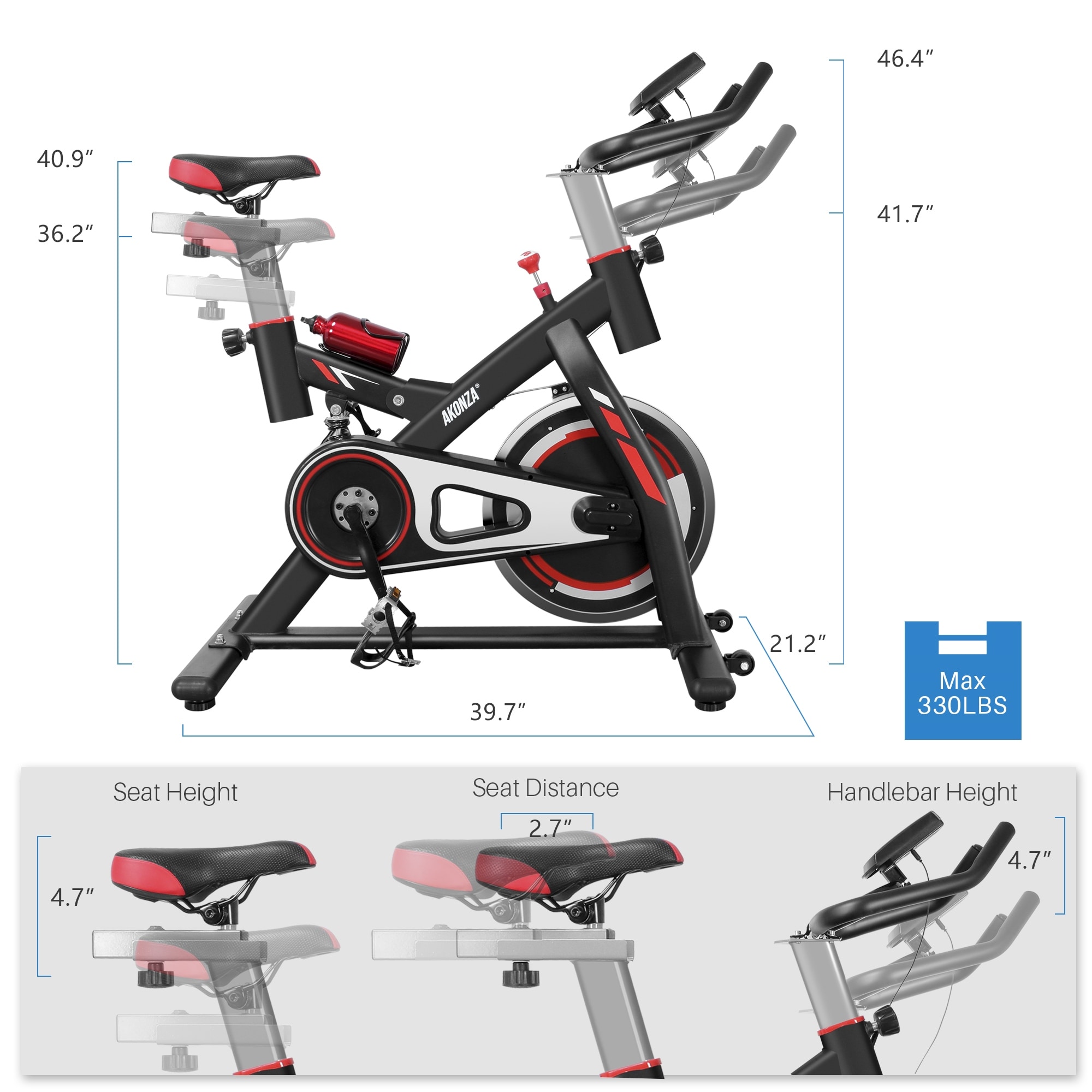 AKONZA Stationary Indoor Exercise Bicycle Cycling Bike Health Fitness w Water Bottle Holder Black standard