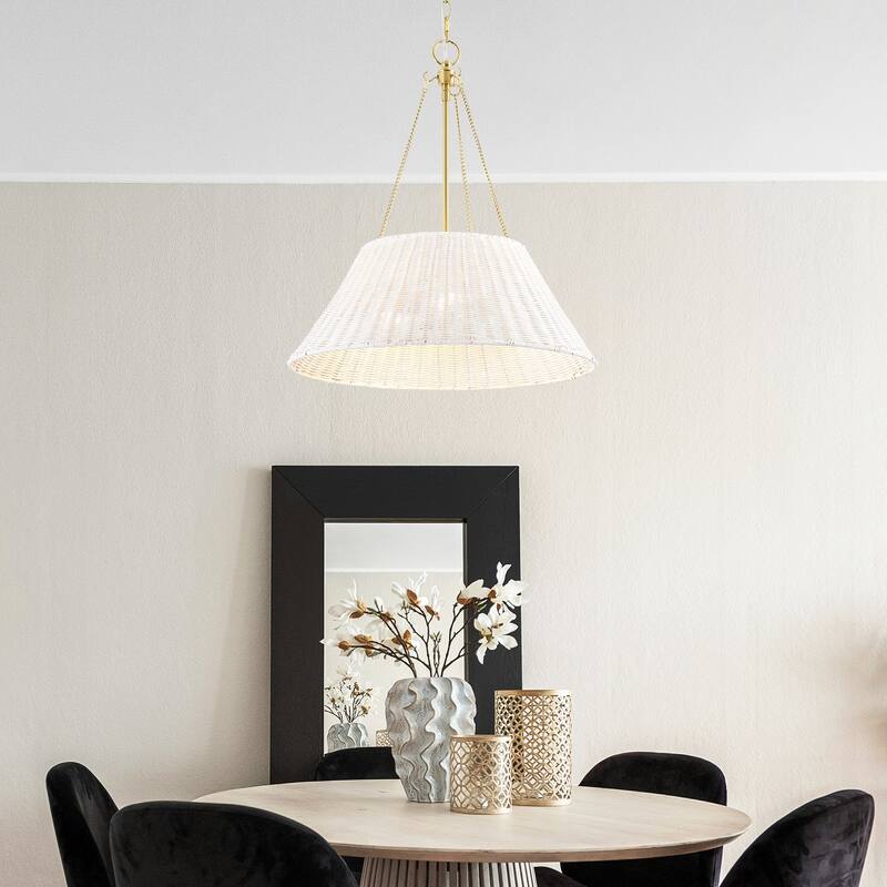 Farmhouse Chandelier 22" 3-Light Brass White Rattan Shade