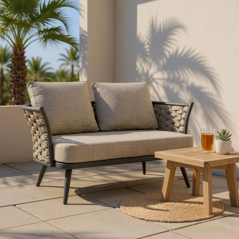 HomeRoots 56" Dark Gray Aluminum Outdoor Love Seat with Taupe Cushions - 56.00 in. x 28.00 in. x 32.00 in. - 56.00 in. x 28.00 in.  x 32.00 in.