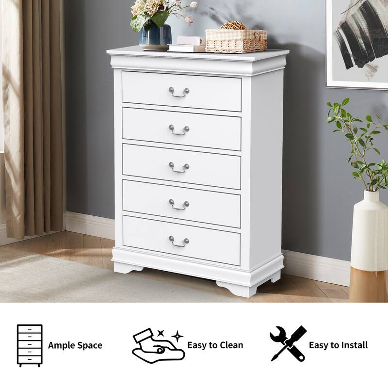 48" Tall Modern White Solid Wood 5-drawer Storage Chest