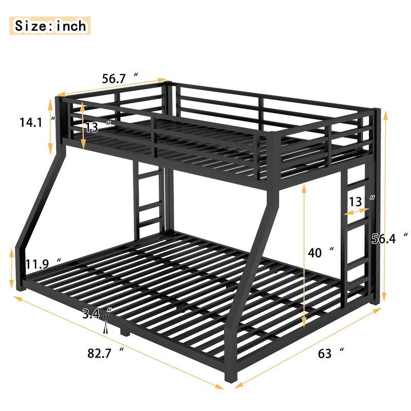 Full/Twin XL Over Queen Metal Bunk Bed for Teens & Adults, Sturdy & Noise-Reduced