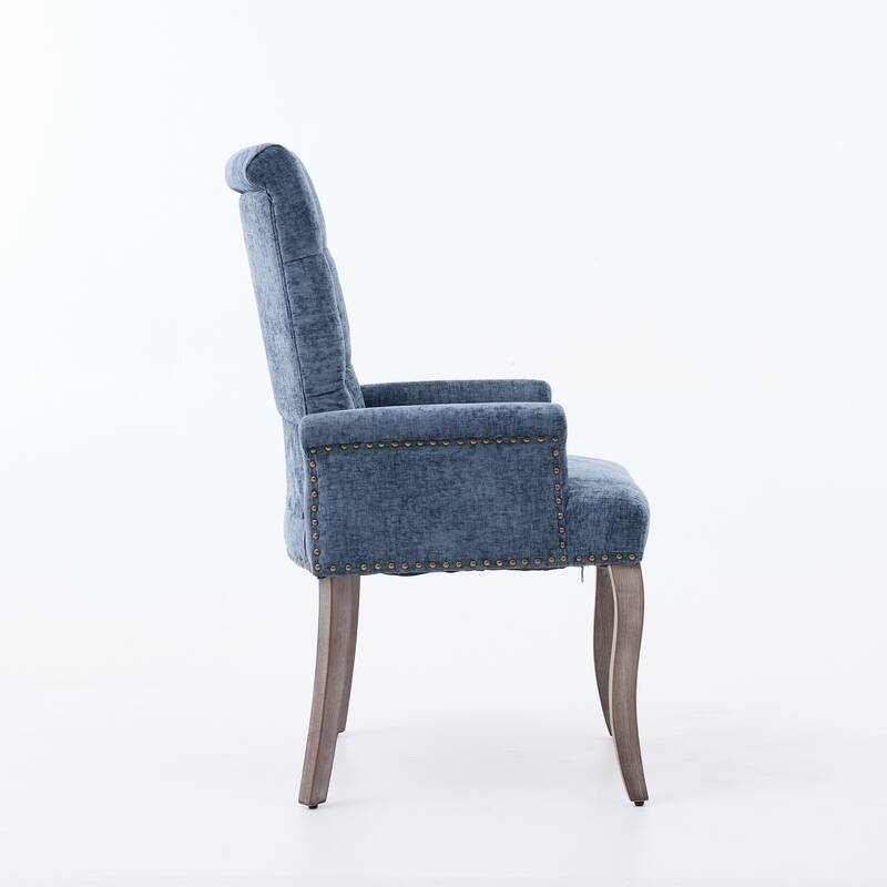 Upholstered Chenille Fabric Accent Dining Chair, Curved Solid Wood Legs, Elegant Tufted Club Dining Room Kitchen Room Arm