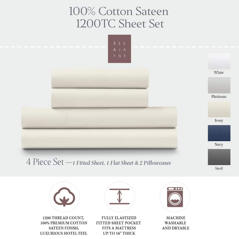 1200 Thread Count 100% Cotton Sateen Deep Pocket 4-piece Sheet Set