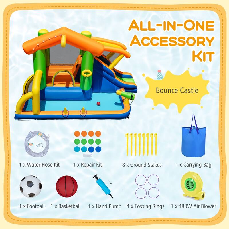 Gymax 8-in-1 Inflatable Bounce House Water Park w/Slide Water Cannon - Multicolors