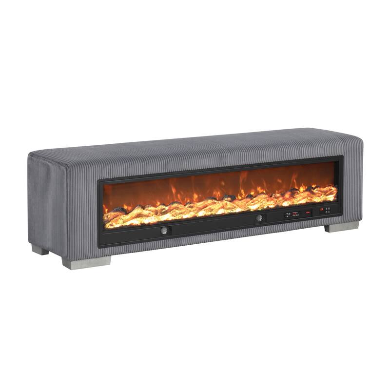 Furniture of America Goffney Chenille Bench with Fireplace Simulator and Bluetooth Audio