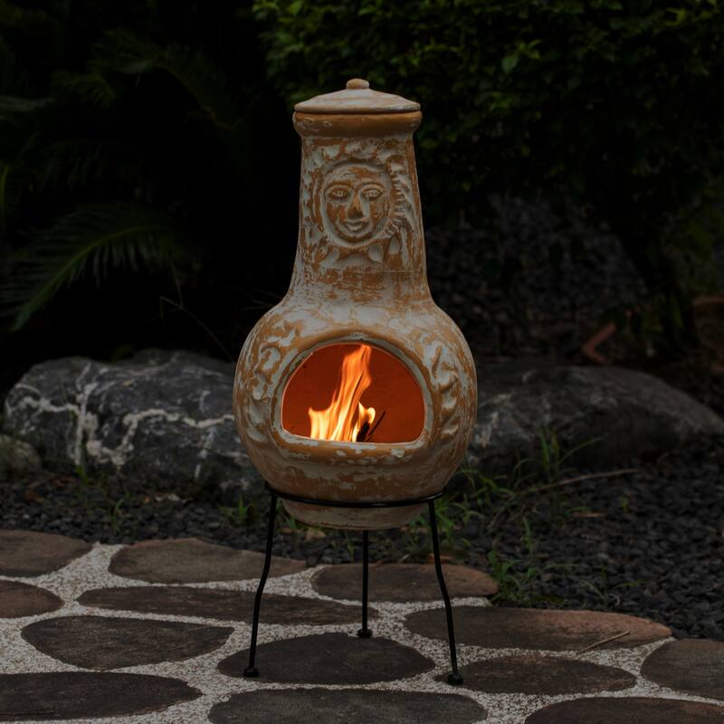 Outdoor Clay Chiminea Fireplace Sun Design Wood Burning Fire Pit with Sturdy Metal Stand, Barbecue, Cocktail Party