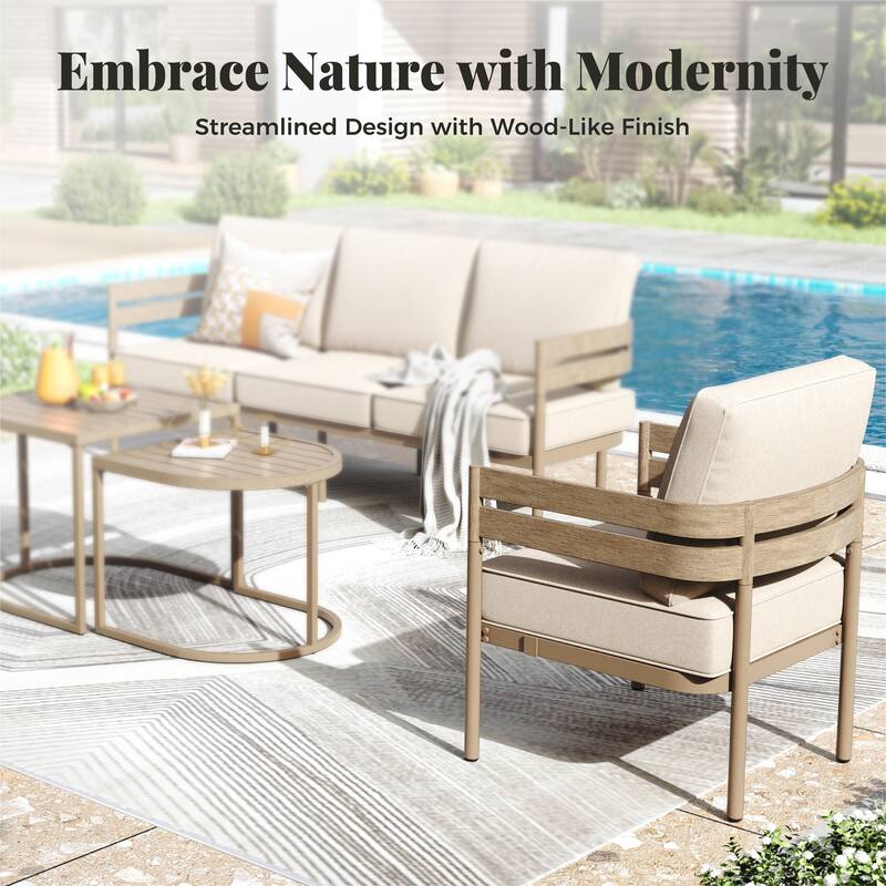 MAISON ARTS 5-Seater Patio Conversation Set Curved Metal Wood-Like Sofa Set