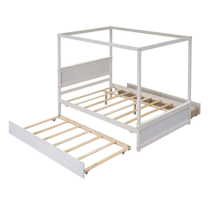 White Brushed Full Size Wood Canopy Platform Bed with Trundle and Two Drawers, MDF & Pinewood, Support Slats