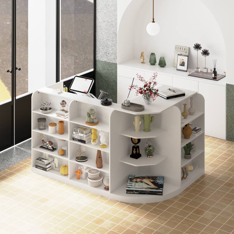 70.9" White Curved Front Desk with Shelving and Storage Reception Desk