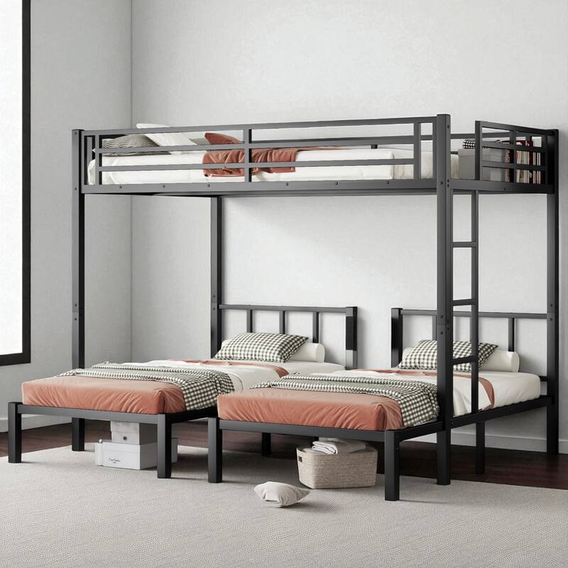 Metal Triple Bunk Bed, Twin Over Twin & Queen, Convertible to 3 Beds with Safety Rails, Ladder, and Shelf