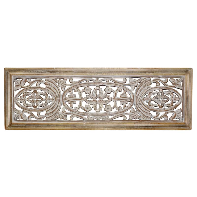 Rectangular Mango Wood Wall Panel Hand Crafted With Intricate Carving, White and Brown