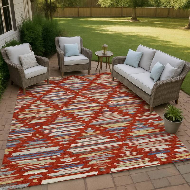 Machine Washable Indoor/ Outdoor Modern Trellis Chantille Rug - Red - 9' x 12'