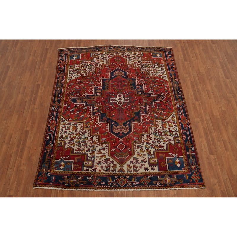 Hand Knotted Oriental 100% Wool Carpet Traditional Medallion Red Heriz Area Rug - 9' 10'' X 7' 8''