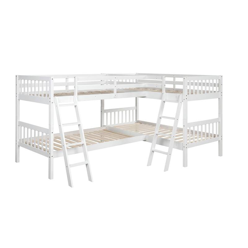Space-Saving L-Shaped Twin Bunk Bed with Solid Pine Frame and Full-Length Guardrails